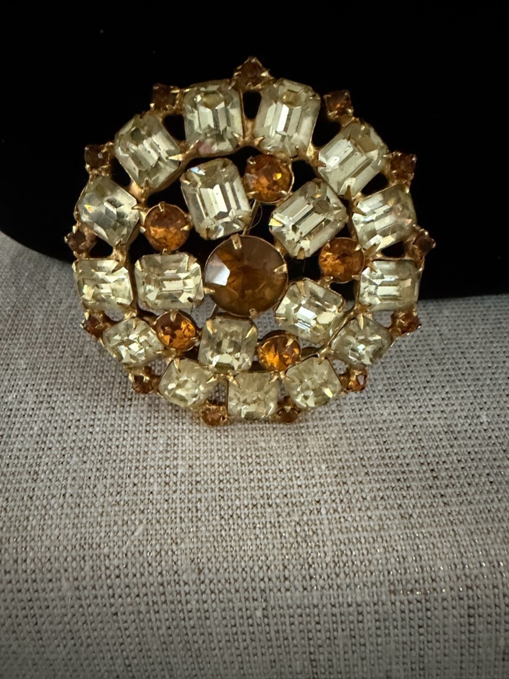 Rare Vintage Weissco Gold-Tone Amber and Champagne Crystal Brooch